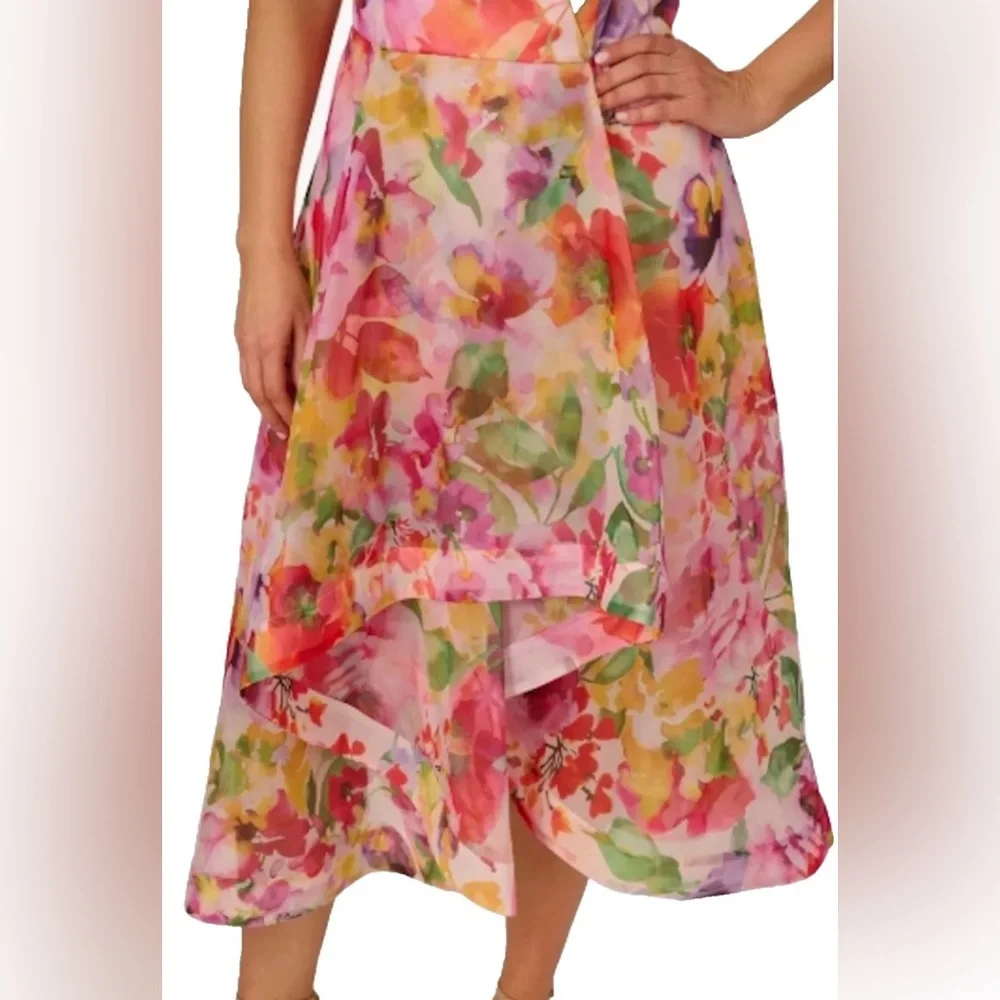 NEW Womens Plus 14W Adrianna Papell Print High-Low Midi Dress Pink Multi $259 - Picture 4 of 12